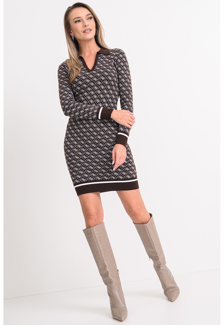 Rochie cambrata cu model monograma si decolteu in V - Maro/Crem