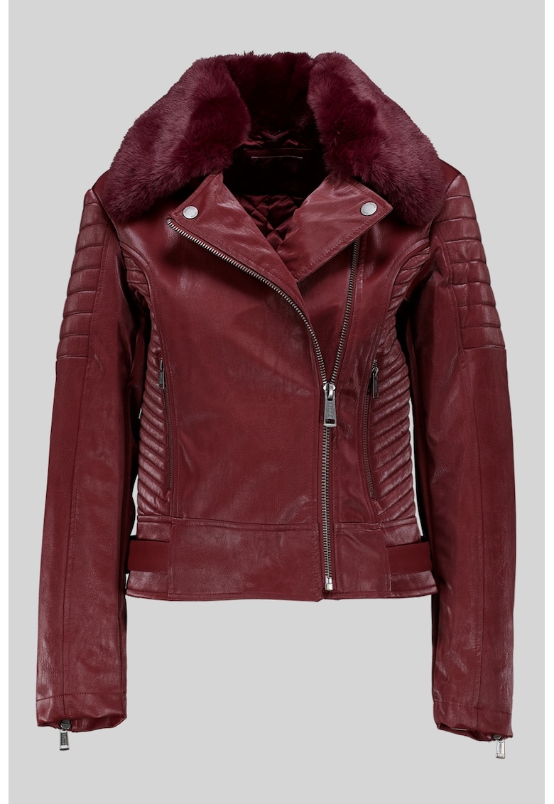 Jacheta biker slim-fit cu garnitura din blana sintetica