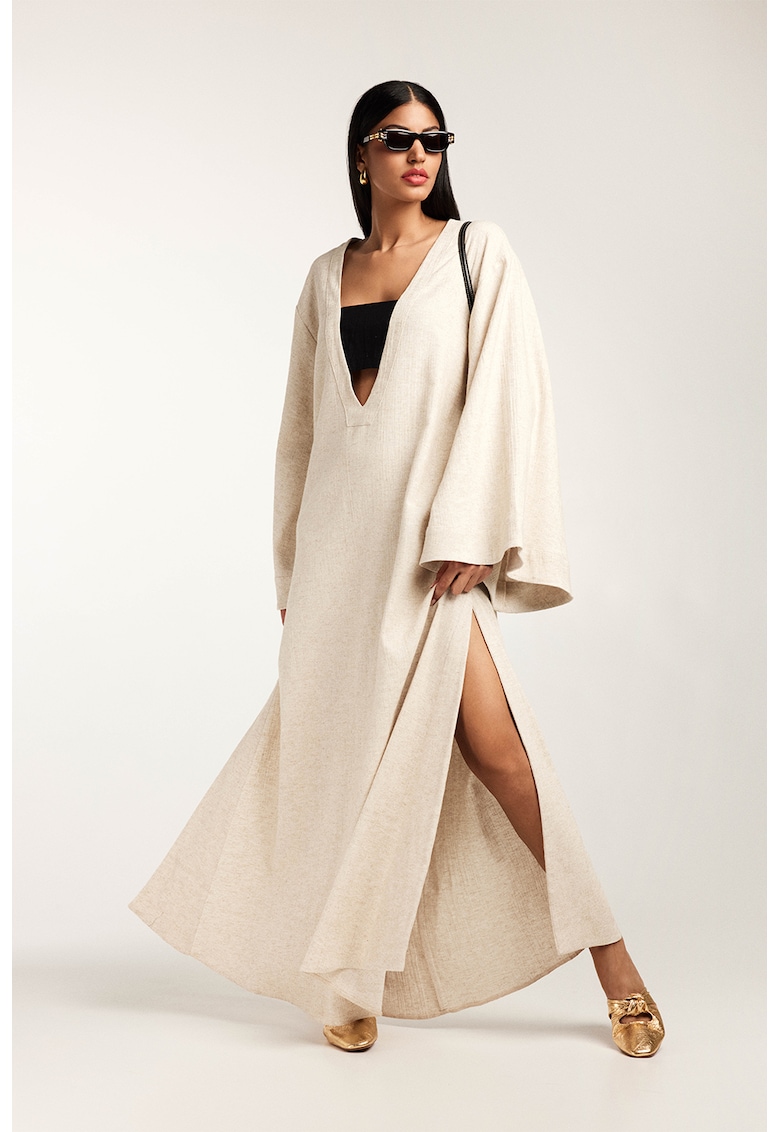 Rochie maxi din amestec de in cu maneci clopot si decolteu adanc in V