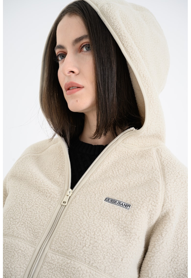 Hanorac cu fermoar - material boucle si logo - Bej inchis