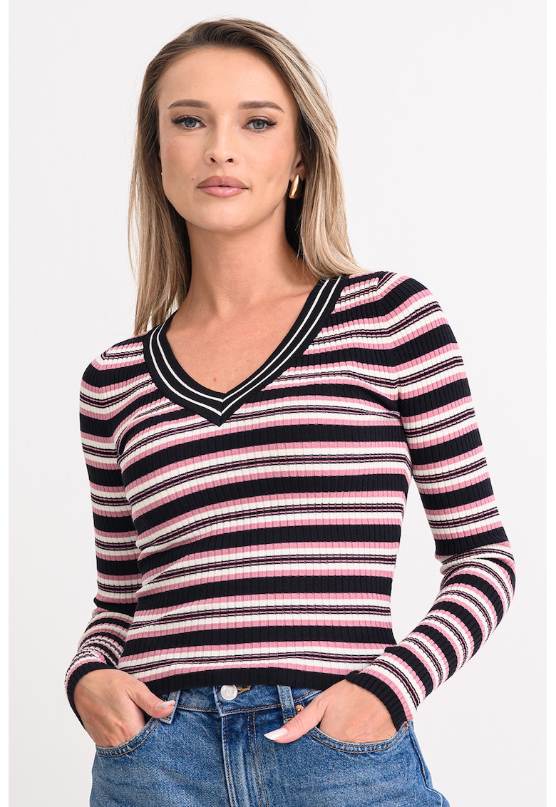 Pulover slim fit cu decolteu in V - Negru/Roz