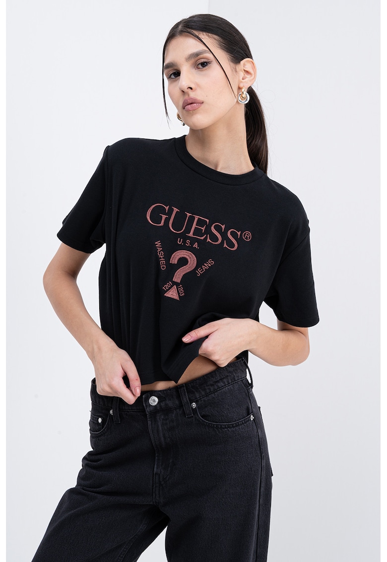 Tricou crop cu logo brodat