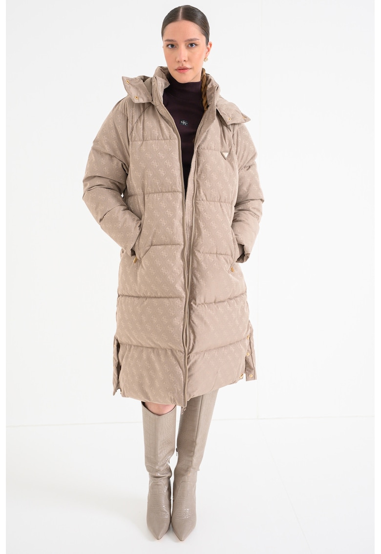 Geaca lunga matlasata cu gluga - Auriu/Portocaliu persan