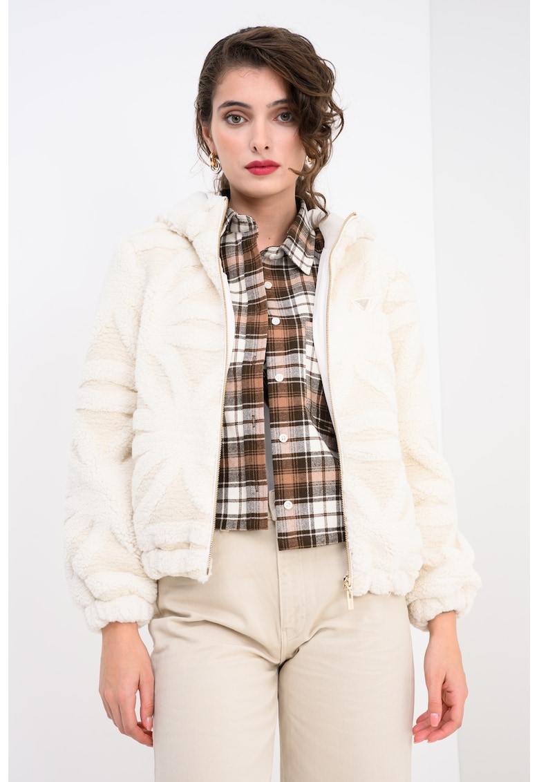 Jacheta din material teddy cu gluga si fermoar