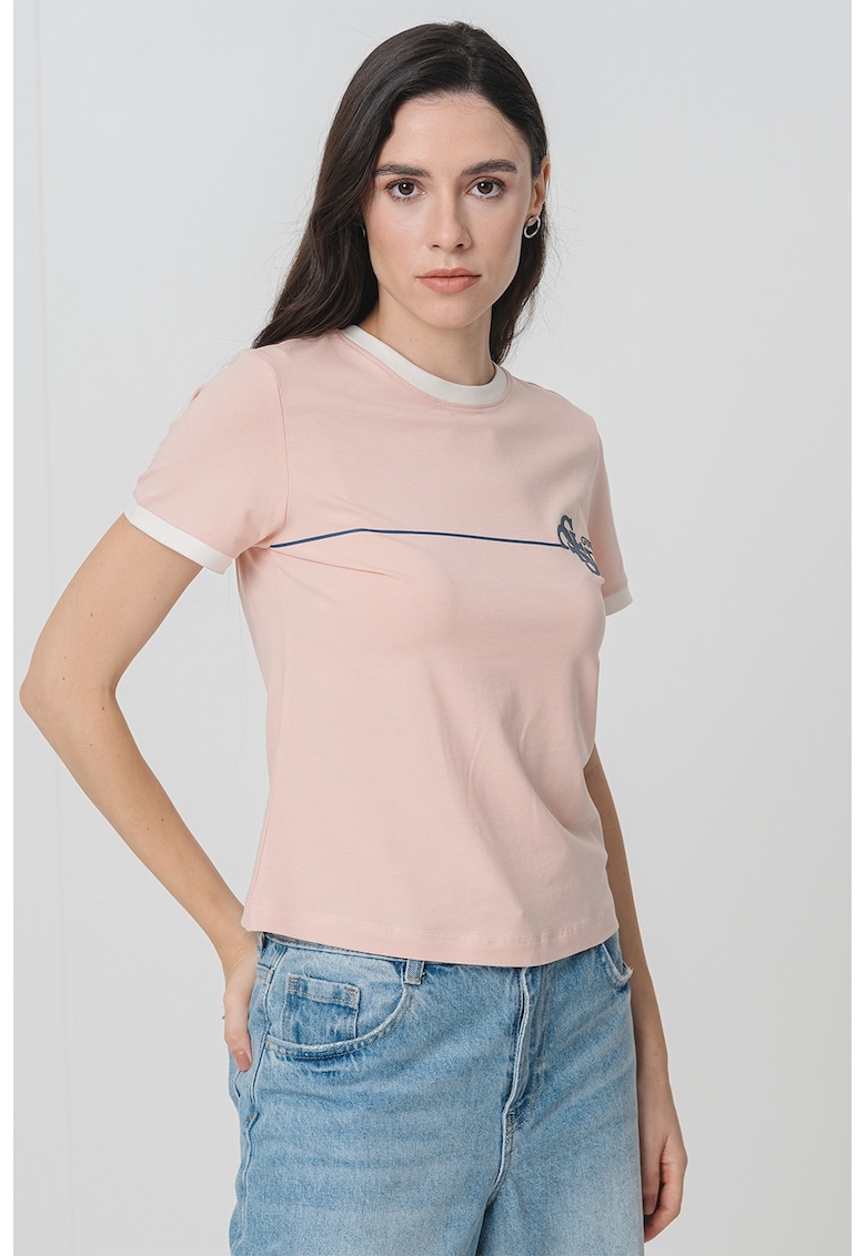 Tricou cu decolteu la baza gatului si imprimeu logo - Roz pastel/Crem