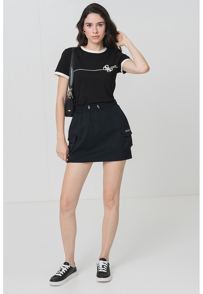 Tricou cu decolteu la baza gatului si imprimeu logo - Negru/Crem