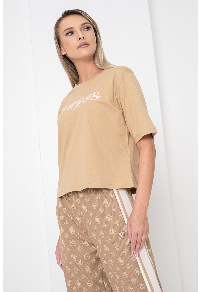 Tricou de bumbac cu logo - Roz/Maro camel