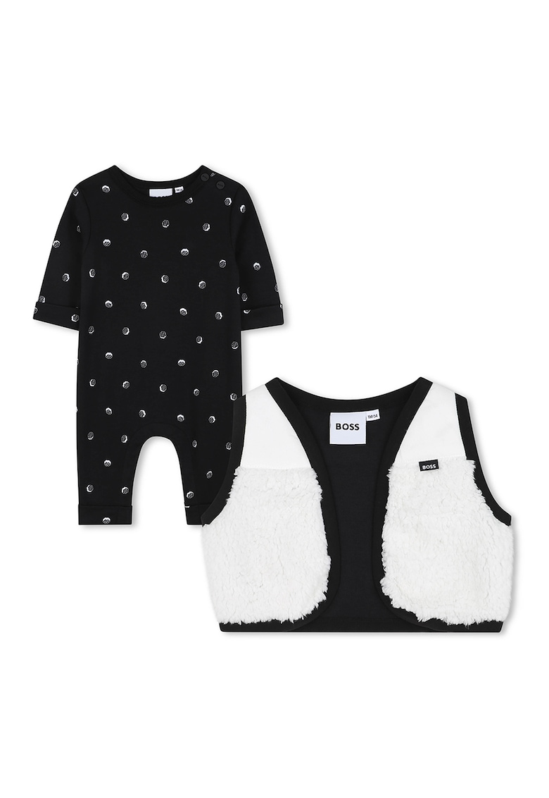 Set de salopeta cu model logo si vesta din material teddy - 2 Piese