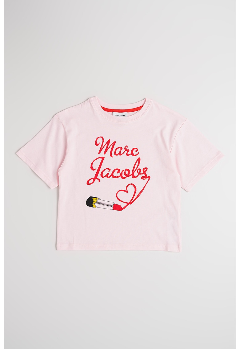 Tricou cu logo si decolteu la baza gatului - Rosu/Roz pastel