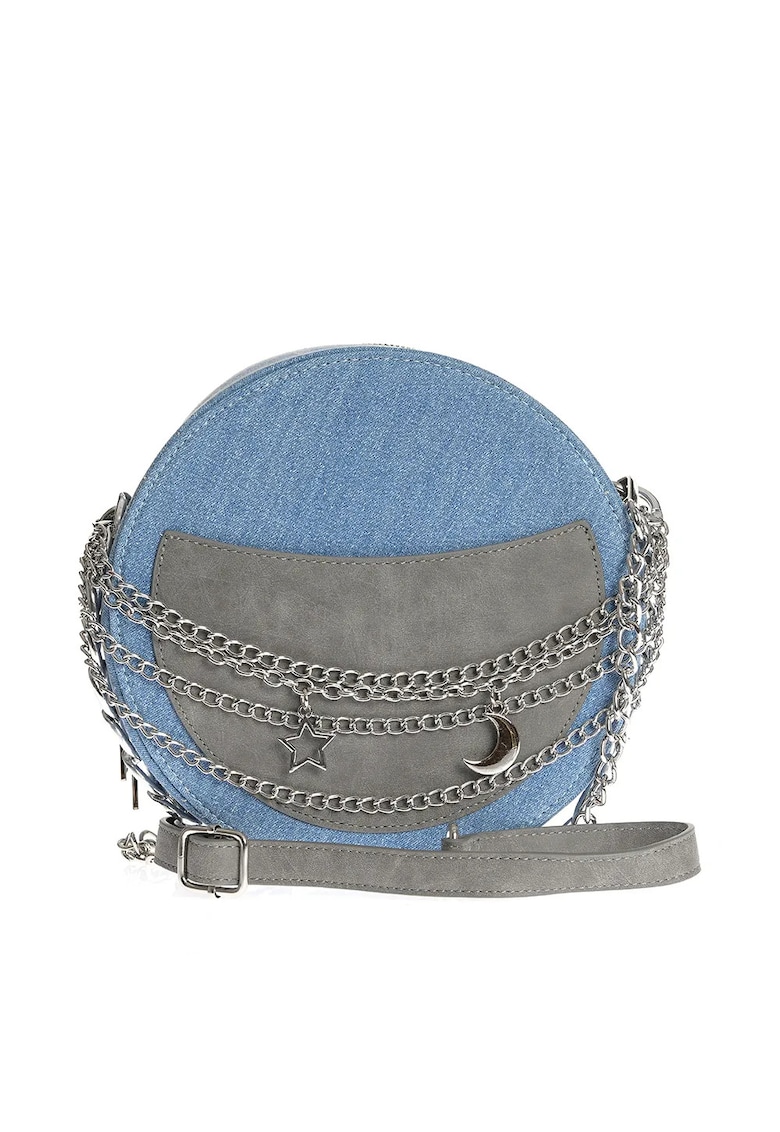Geanta rotunda din denim cu lanturi si charm-uri metalice