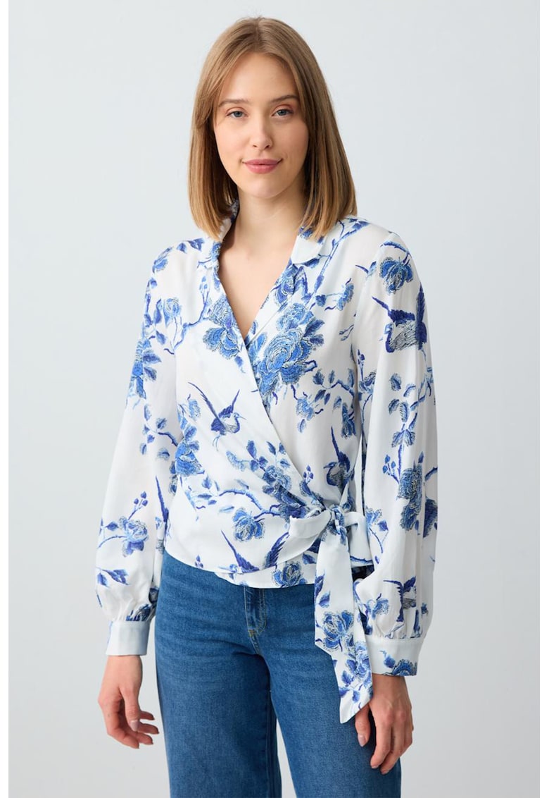Bluza din lyocell cu model floral - Alb/Albastru