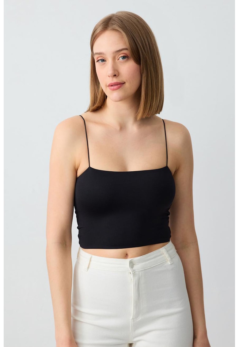 Top crop cu bretele inguste - Negru