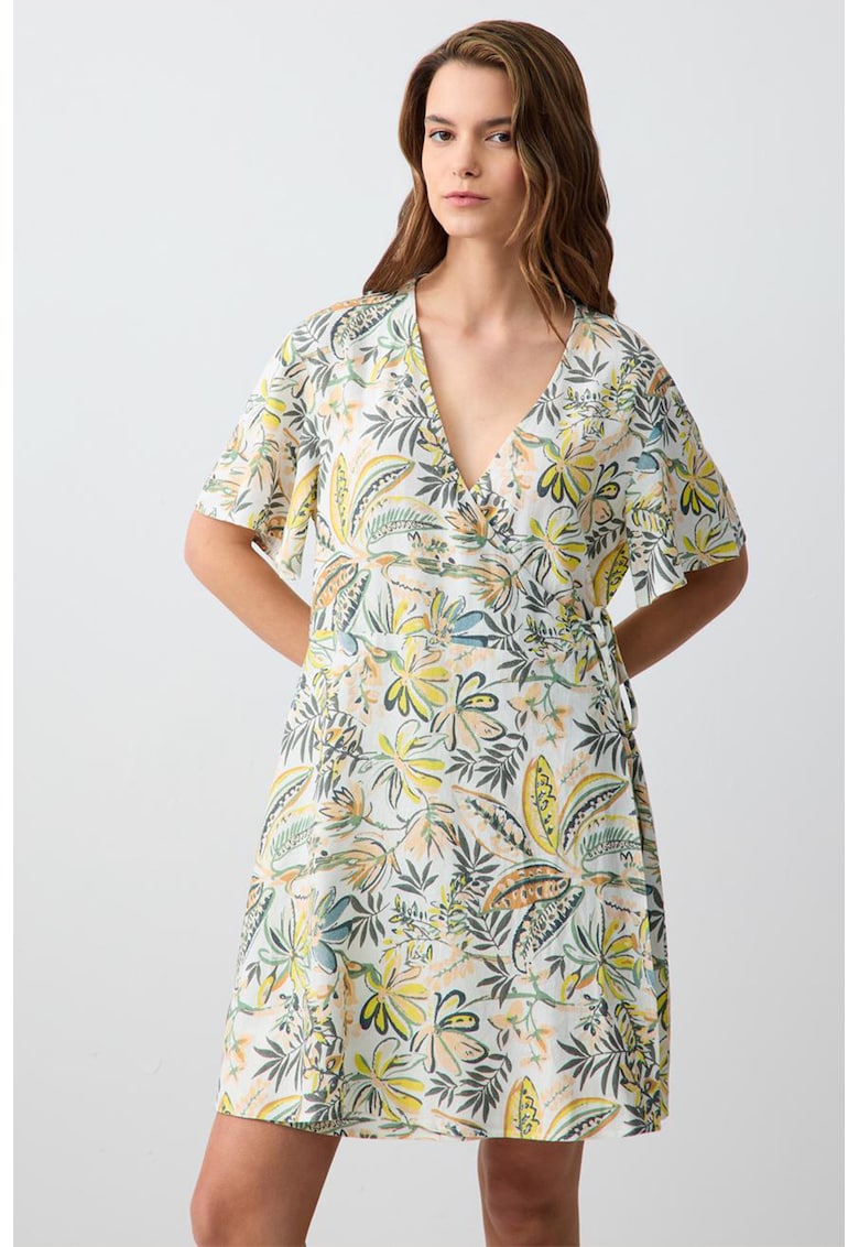 Rochie din amestec de in cu decolteu in V - model drapat si floral