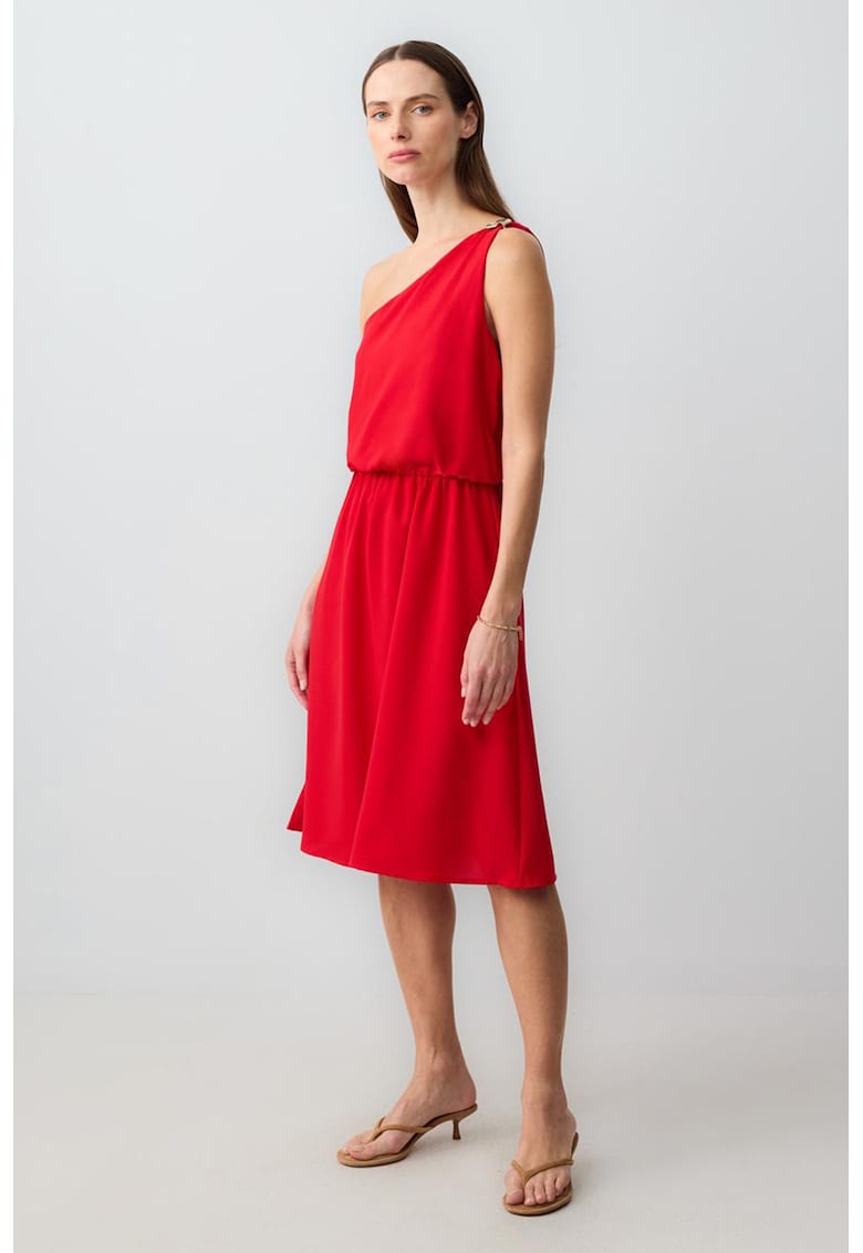Rochie cu decolteu pe un umar si talie elastica - Rosu