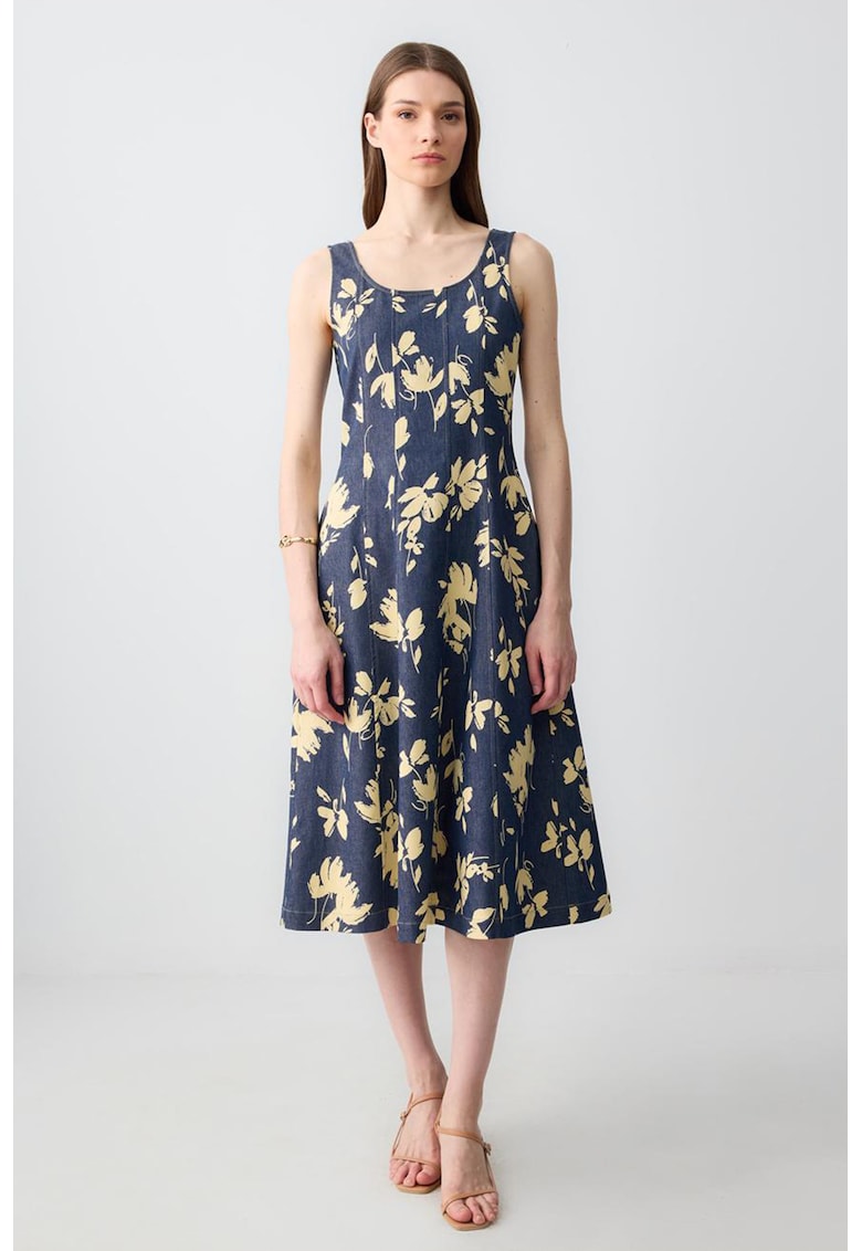 Rochie midi evazata fara maneci cu model floral