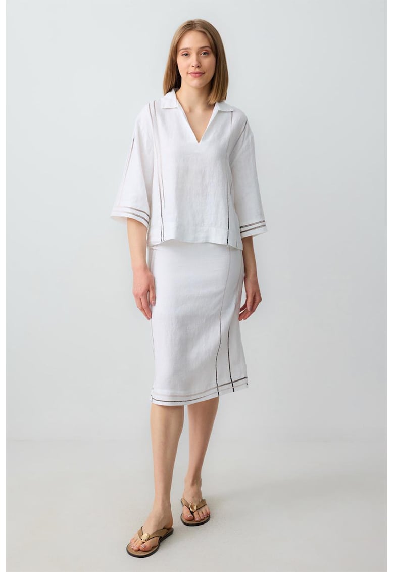 Fusta midi din in cu model uni - Alb