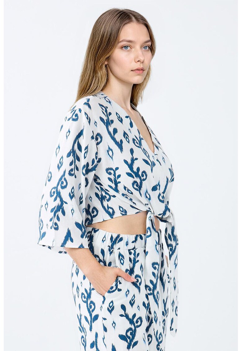 Camasa din in cu maneci lungi - Albastru inchis/Verde menta