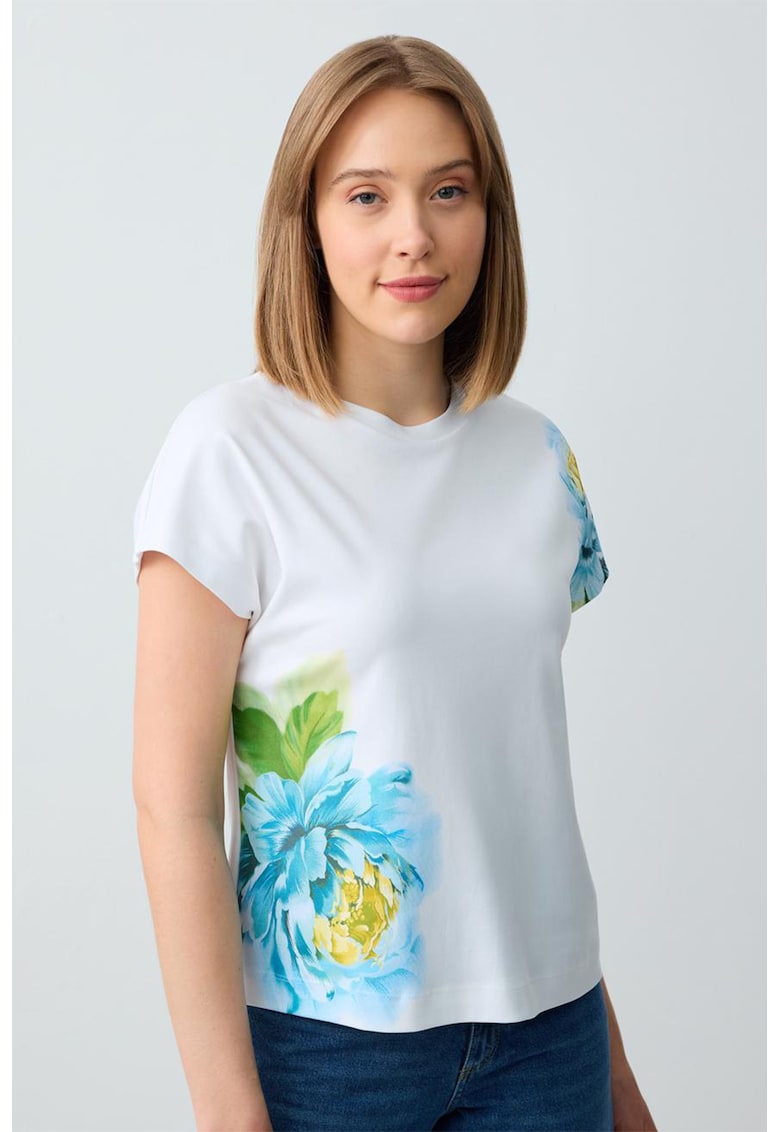 Tricou cu decolteu la baza gatului si imprimeu floral - Alb/Albastru glaciar