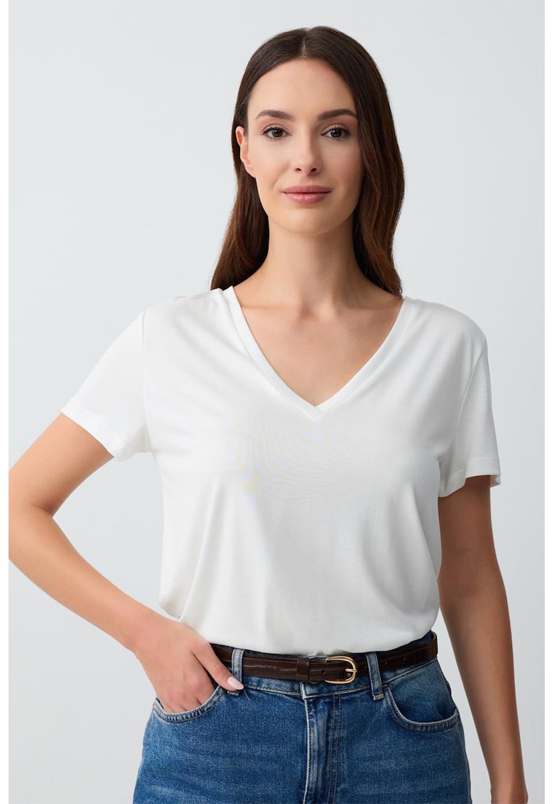 Tricou din amestec de modal cu decolteu in V - Alb