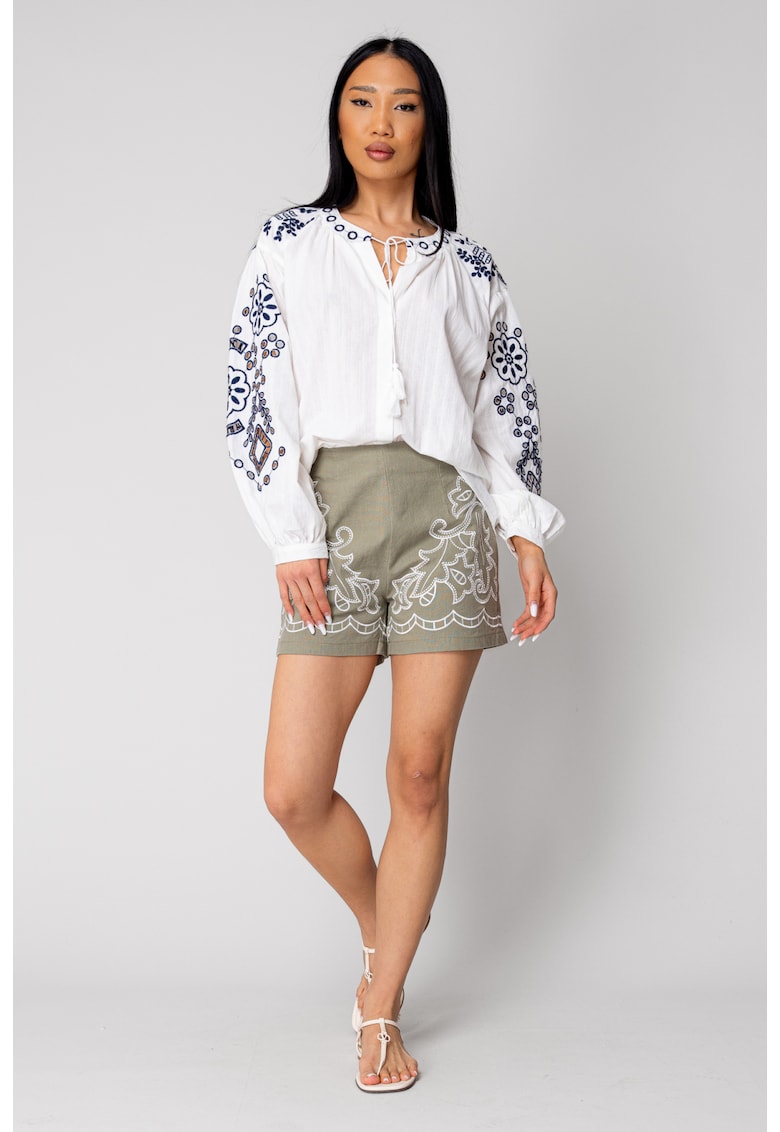 Camasa femei brodata cu maneca lunga Off White/Navy 16434
