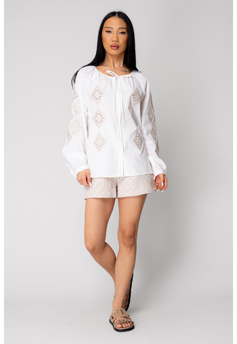Camasa femei brodata cu maneca lunga Off White/Beige 16407