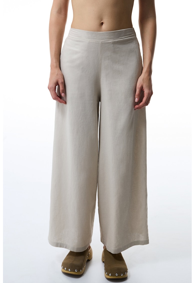 Pantaloni din amestec de in cu talie medie - Maro taupe deschis