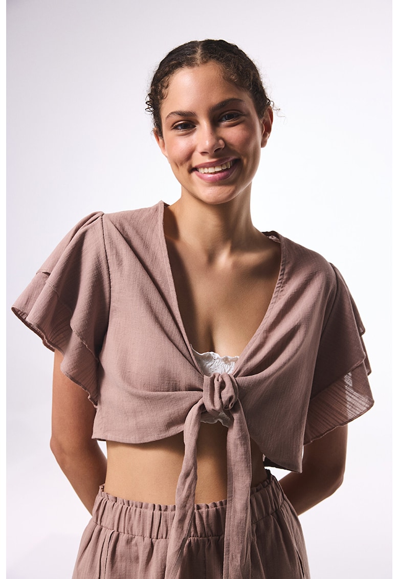 Bluza crop cu prindere si maneci cu volane