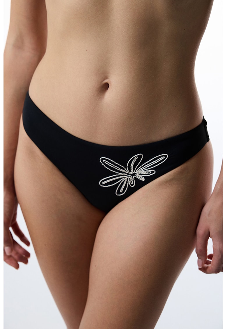 Slip brazilian cu broderie - Negru/Alb optic