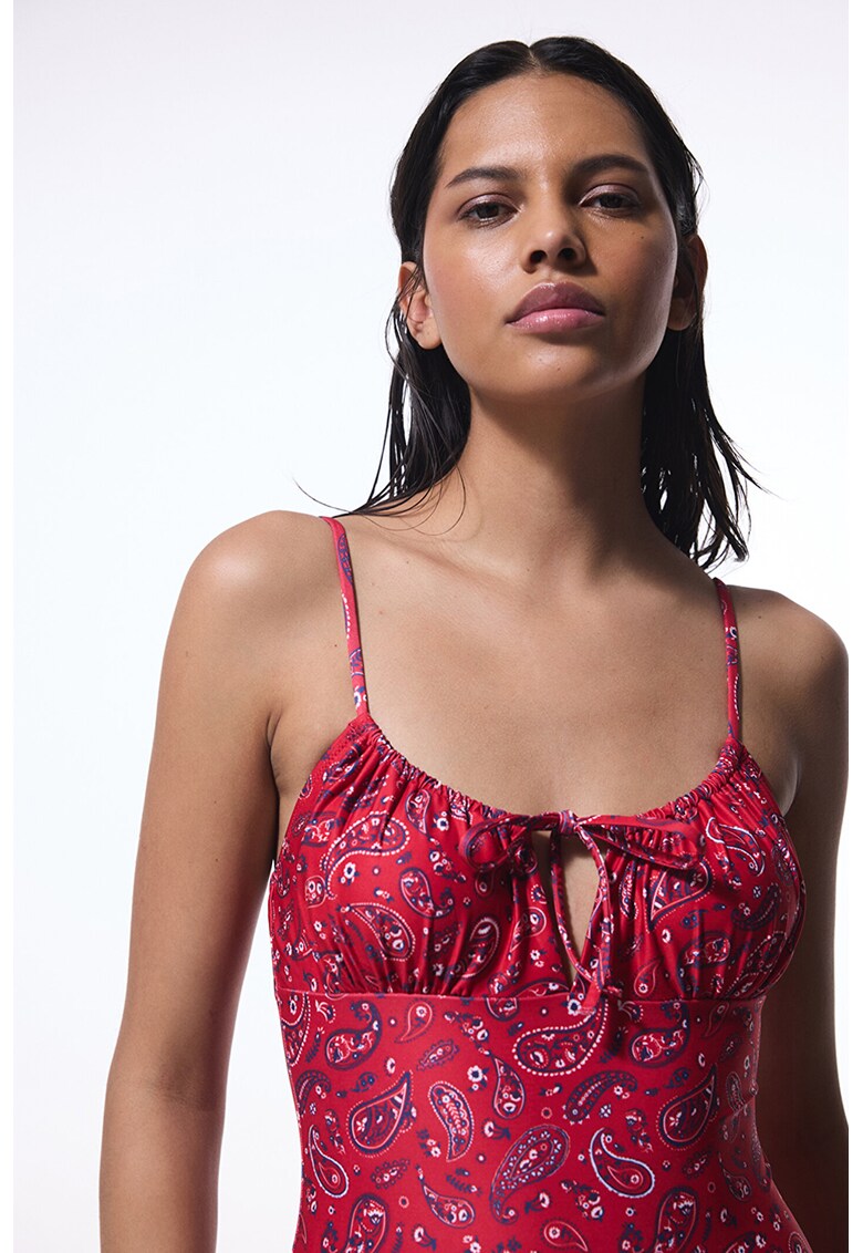 Costum de baie intreg cu model paisley - Rosu/Negru/Alb murdar