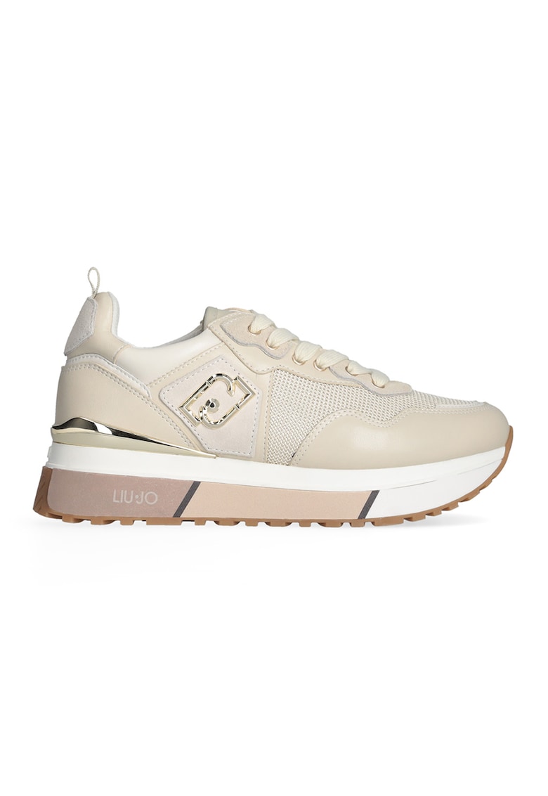 Pantofi sport de piele si plasa cu logo metalic - Auriu/Bej