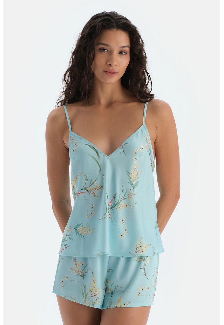 Top de pijama din satin cu model floral - Albastru aquamarin