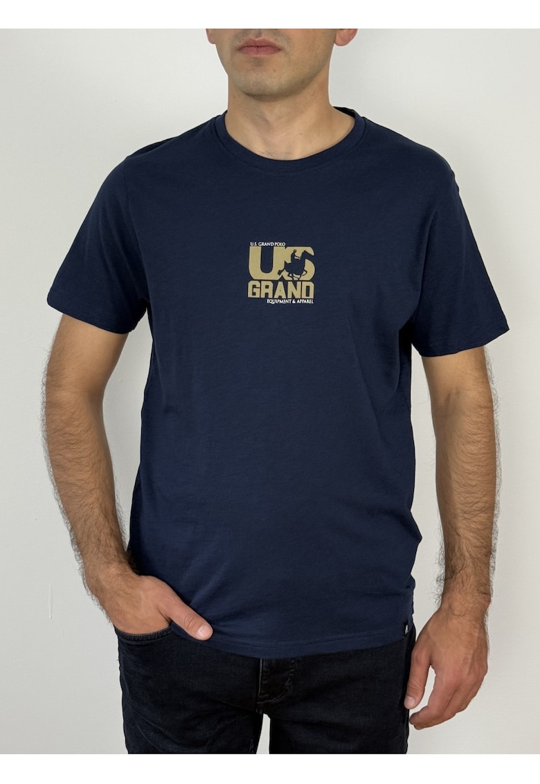 U.S. Grand POLO Tricou barbati cu logo si imprimeu text pe spate - Regular fit - Bleumarin inchis