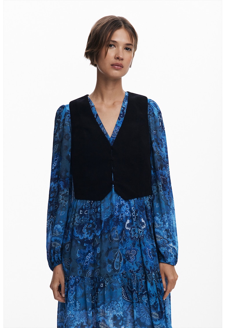 Set de rochie midi cu decolteu in V si model paisley si vesta - 2 piese