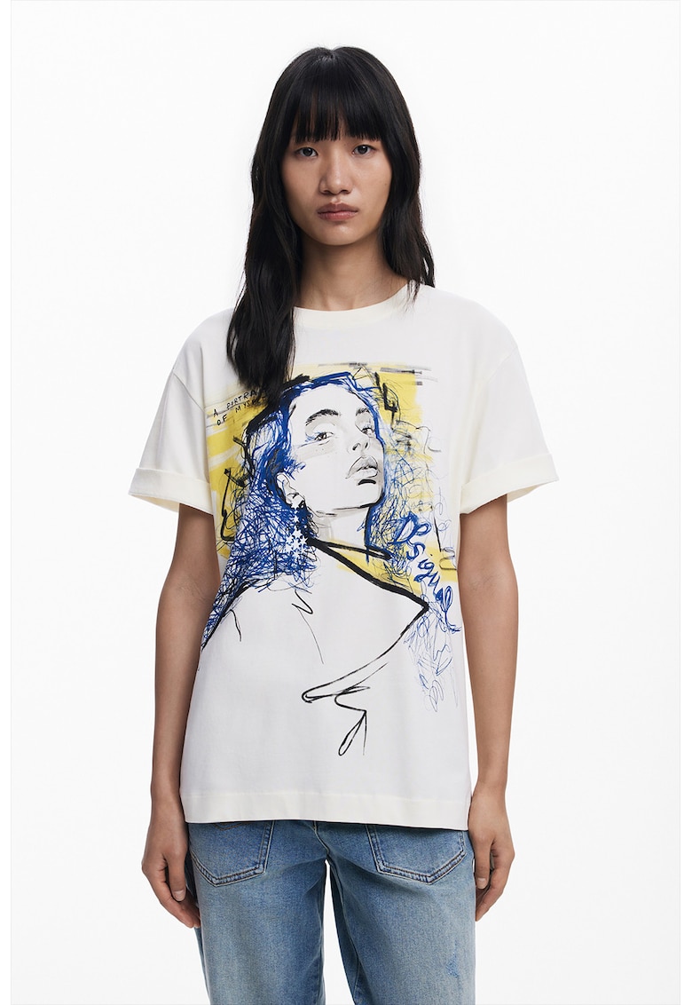 Tricou de bumbac cu imprimeu grafic si maneci cazute