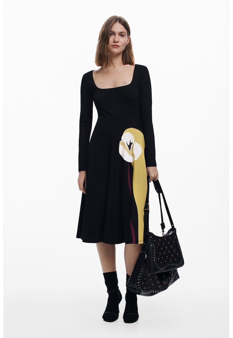 Rochie midi din amestec de bumbac cu decolteu patrat