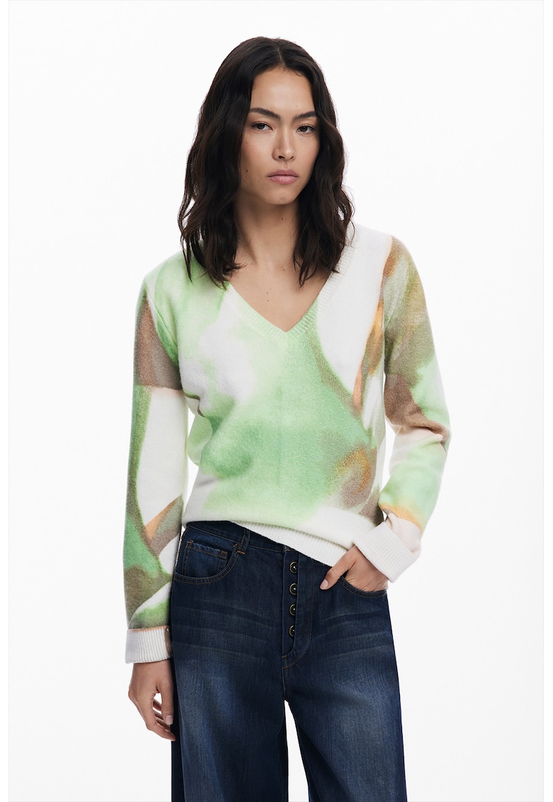 Pulover cu decolteu in V si model abstract - Alb fildes/Verde lime/Gri inchis