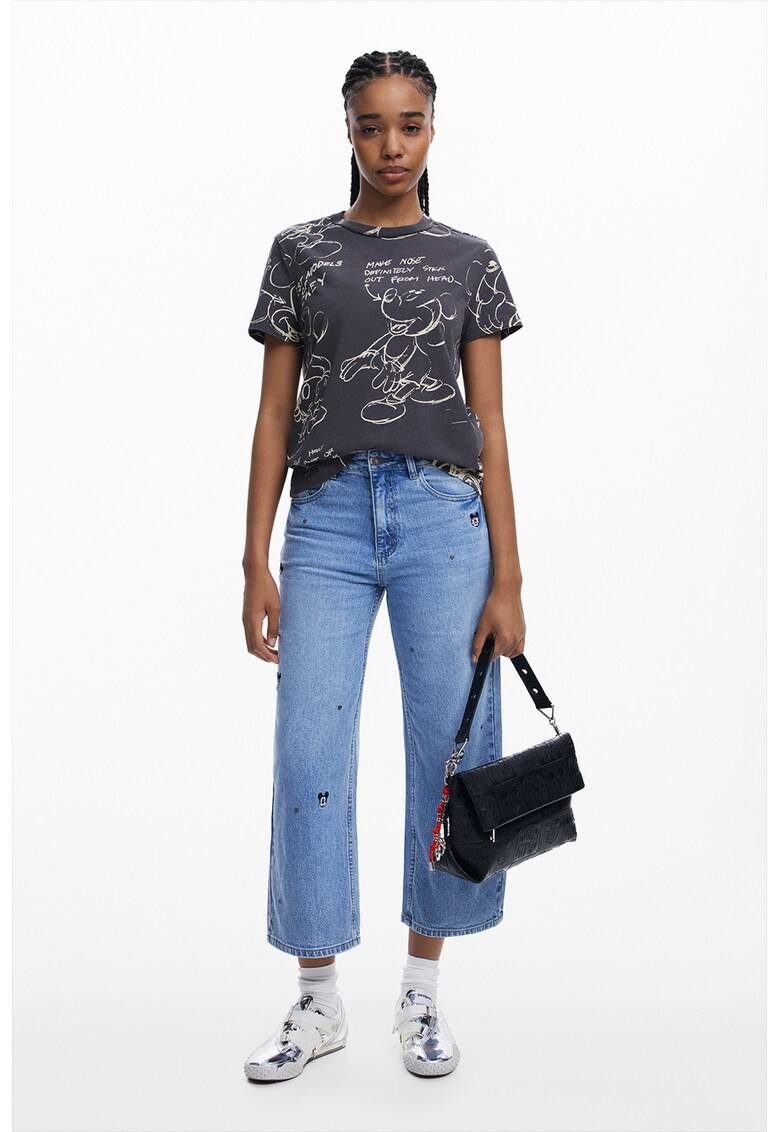 Tricou de bumbac cu model Mickey Mouse - Alb fildes/Gri inchis