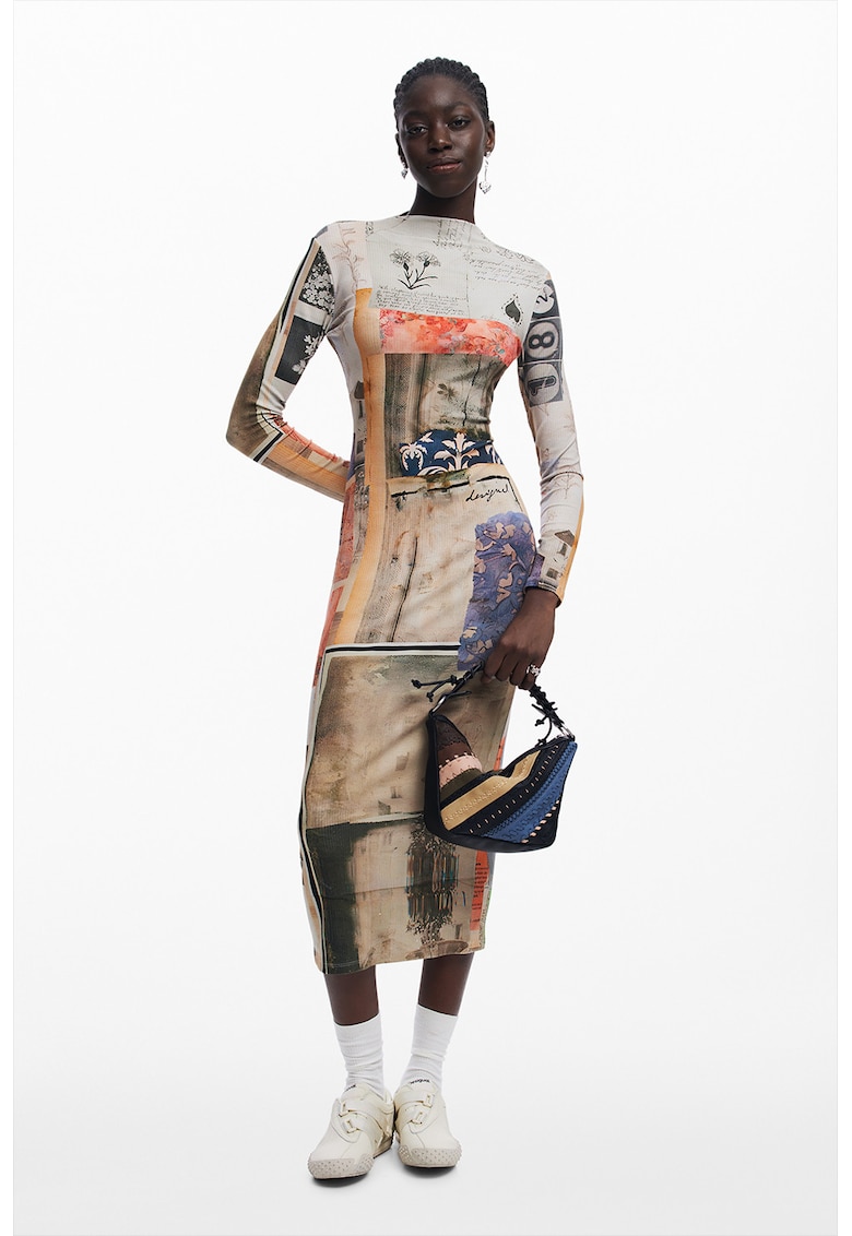 Rochie lunga cambrata cu model - Portocaliu/Bej/Grej