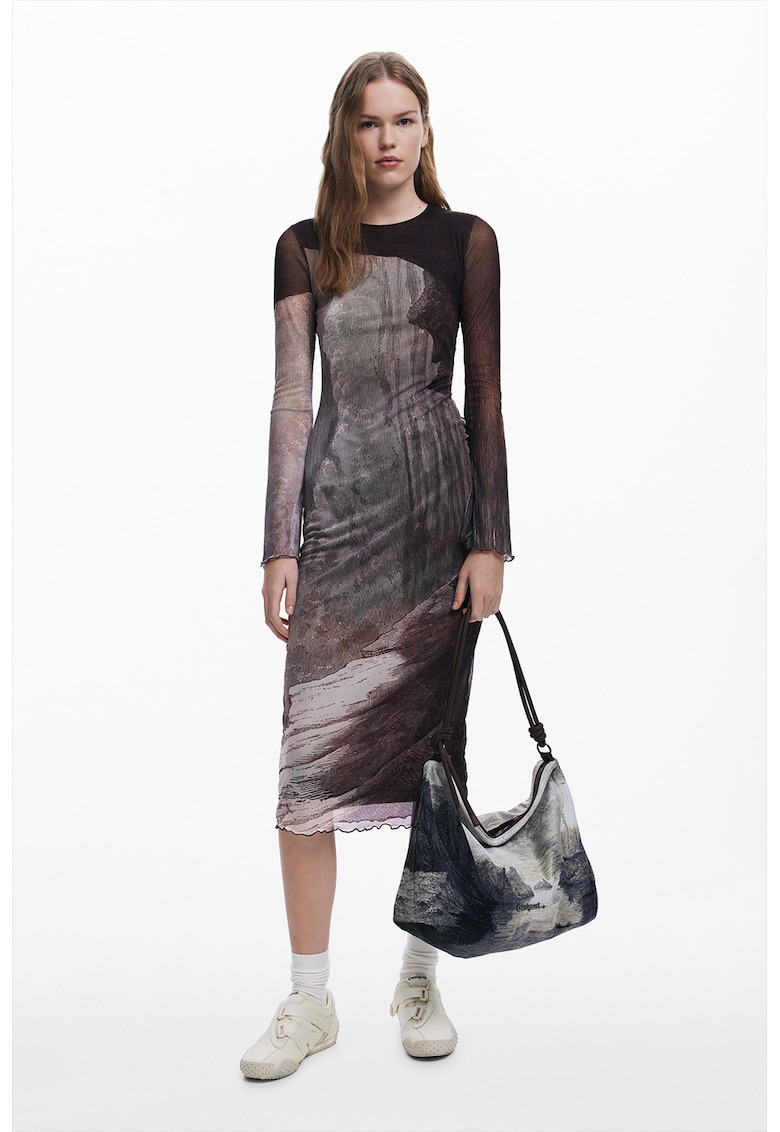 Rochie cu decolteu la baza gatului si terminatii valurite - Maro taupe deschis/Gri inchis