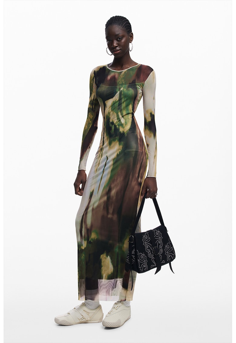 Rochie lunga semitransparenta cu model - Verde/Maro/Bej
