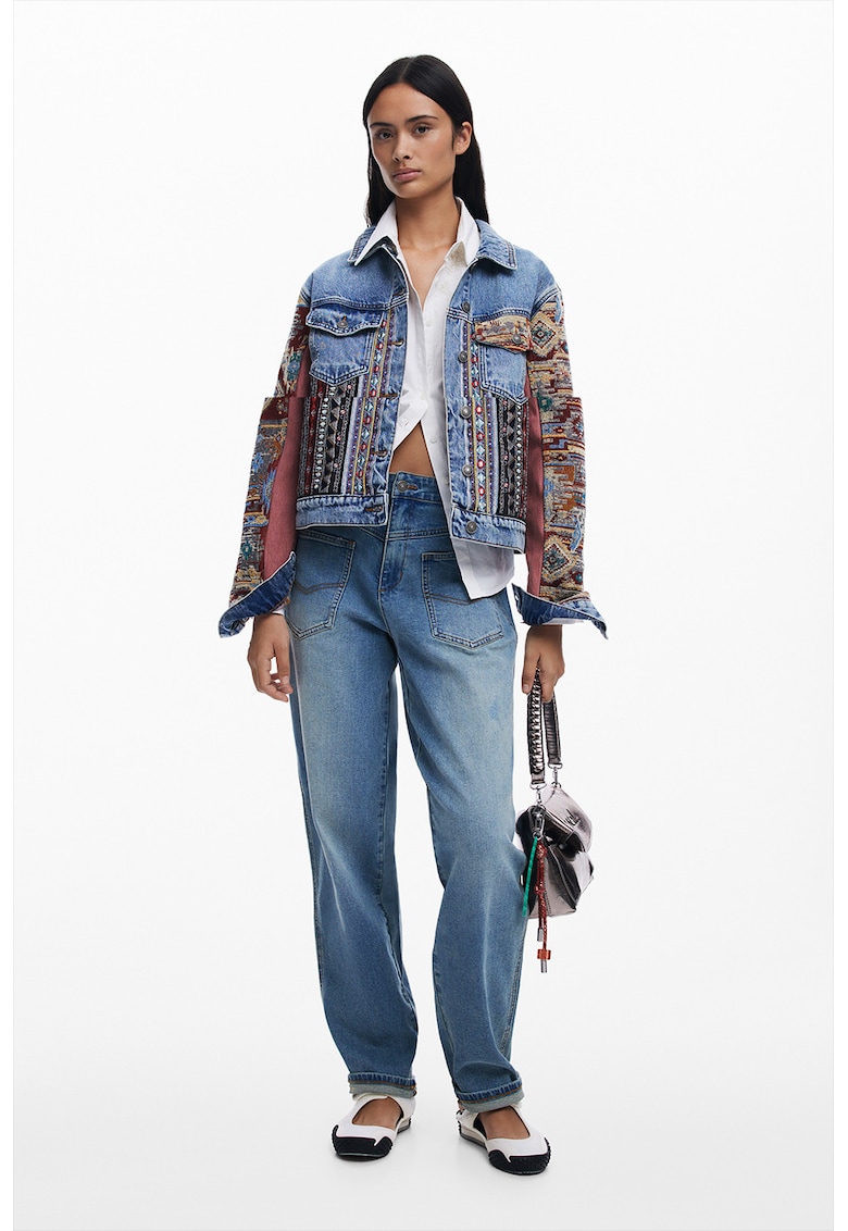 Jacheta din denim cu model etnic