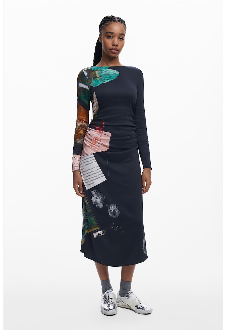 Rochie lunga cu fronseuri - Verde/Albastru ultramarin/Roz pal