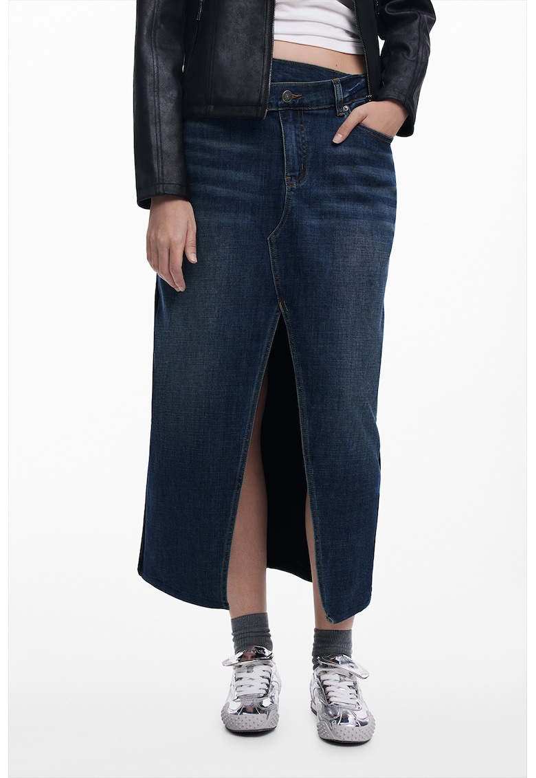Fusta midi din denim cu sli frontal