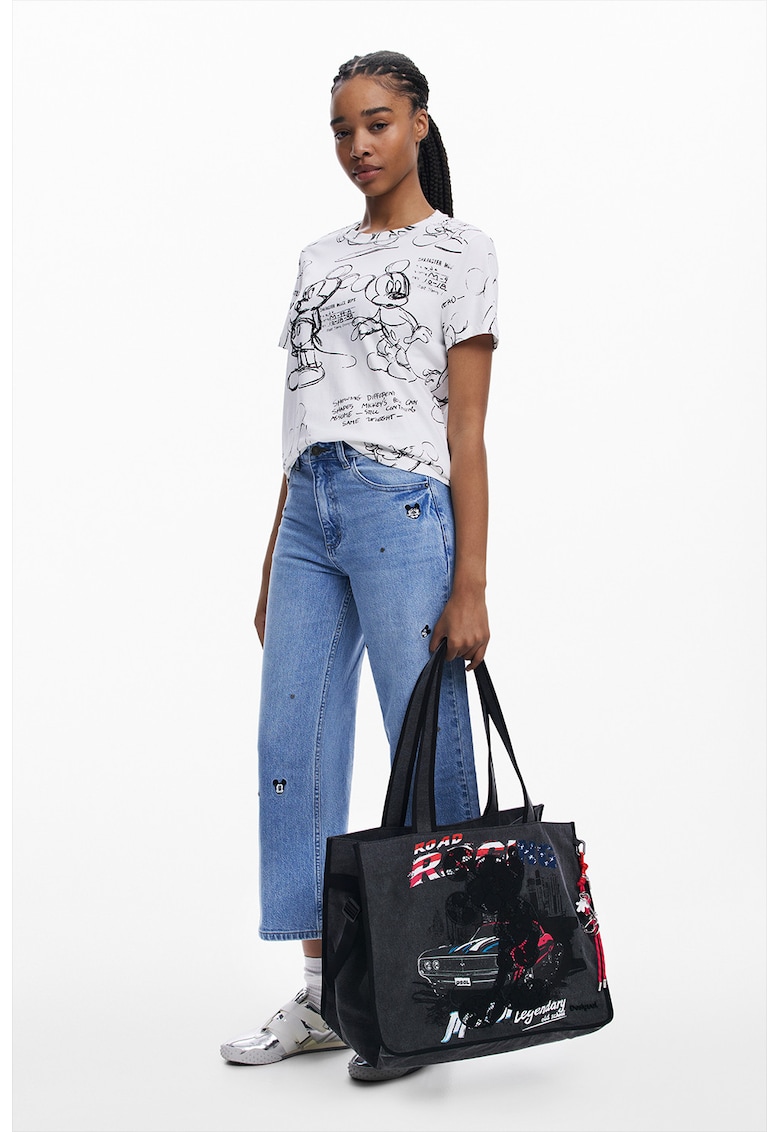 Tricou de bumbac cu model Mickey Mouse - Alb/Negru stins