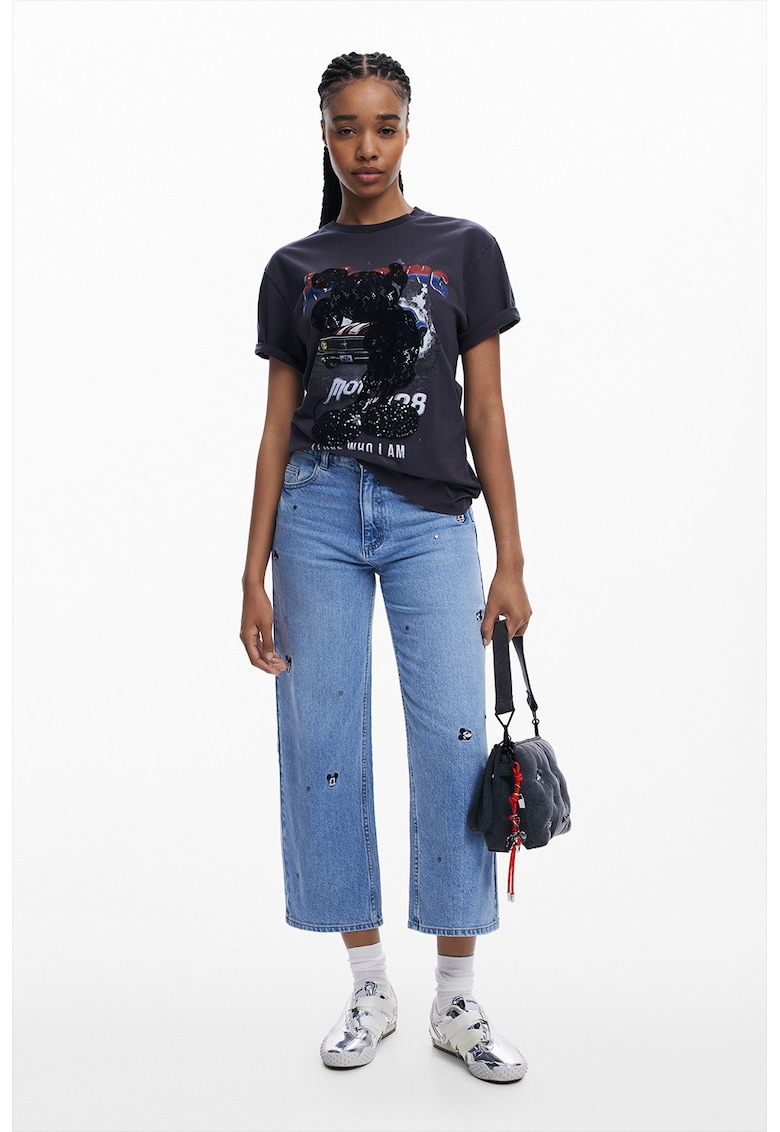 Tricou de bumbac cu imprimeu - Negru/Alb murdar/Gri inchis