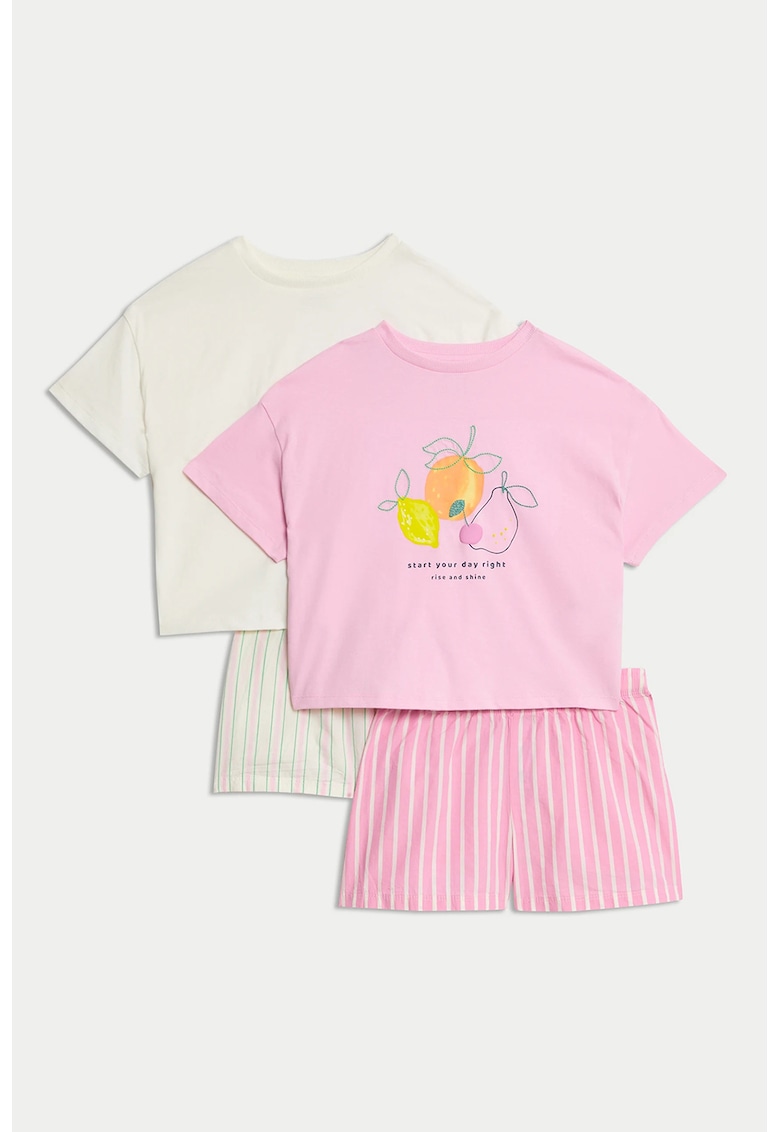 Set de pijama din bumbac cu pantaloni scurti - 2 perechi - Roz deschis/Alb murdar