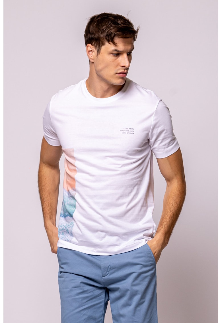 Tricou cu decolteu la baza gatului si imprimeu - Alb optic/Albastru deschis