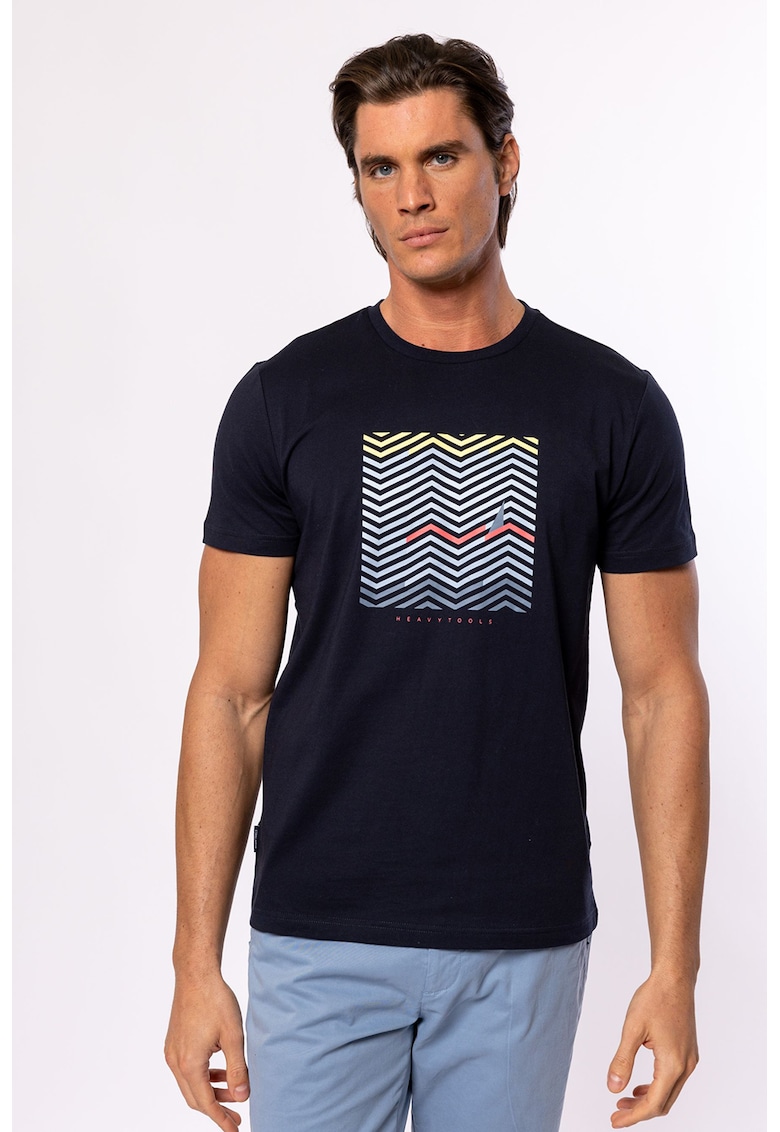 Tricou din bumbac cu decolteu la baza gatului si imprimeu