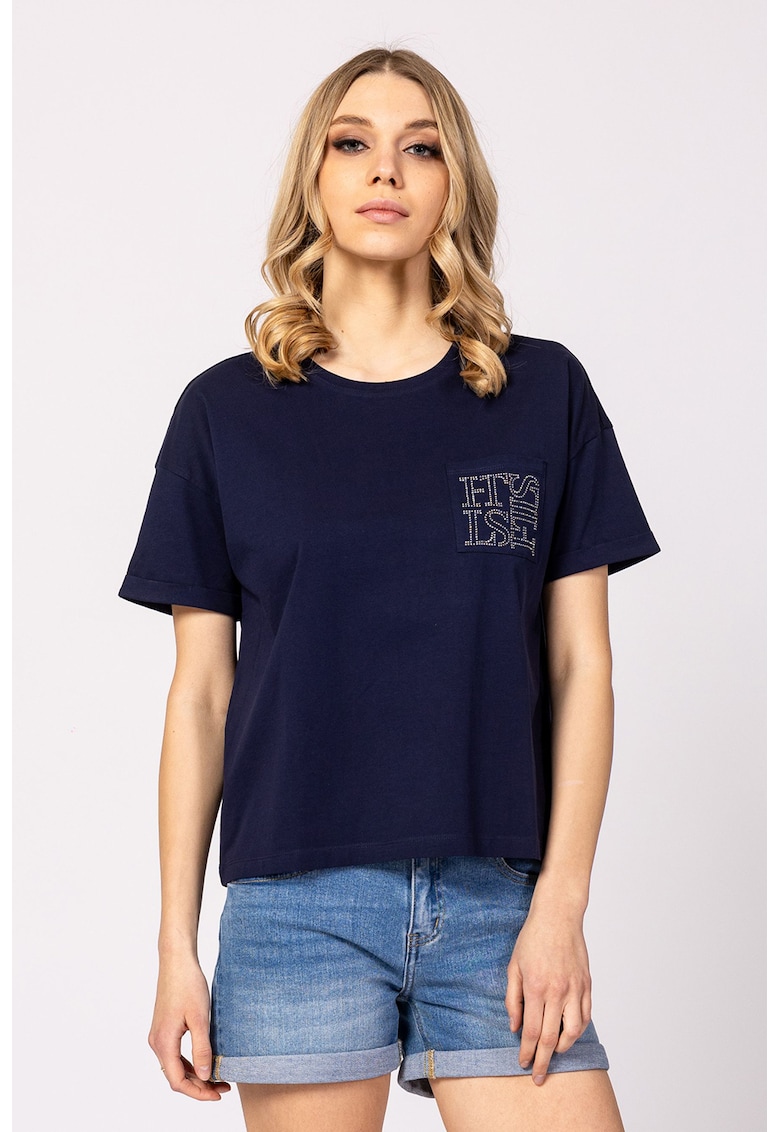 Tricou cu decolteu rotund si logo de strasuri Mirin