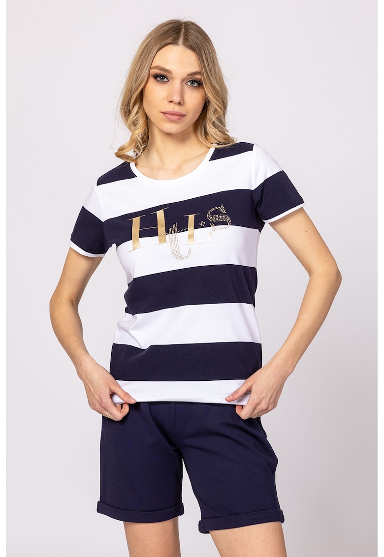 Tricou cu model in dungi Mirosa - Alb/Bleumarin